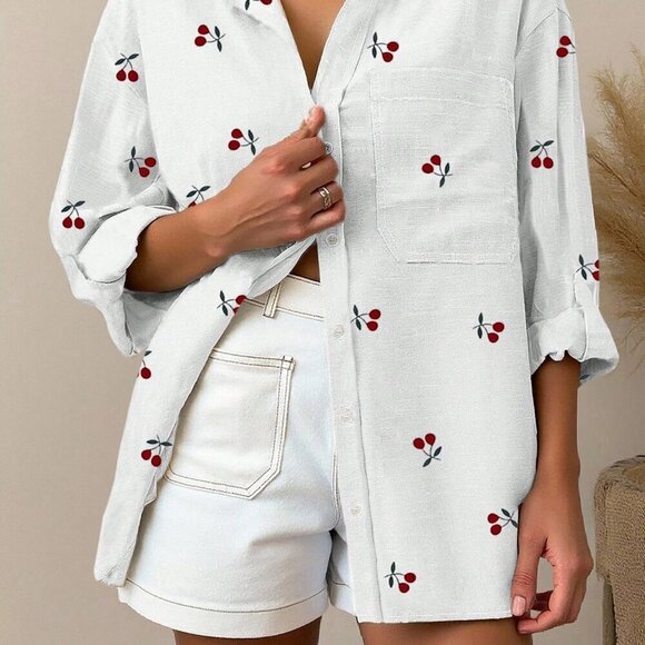 White Casual Women's Cherry Print Vacation button down Shirt - Picture 6 of 7